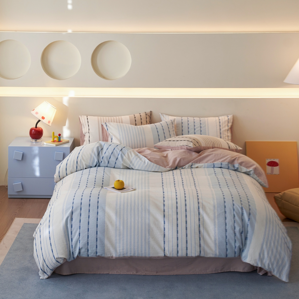 91家纺网 家纺一手货源 找家纺 安莱生活 2026年新品水洗棉全棉纯棉色织提花系列四件套 杰西卡-浅蓝