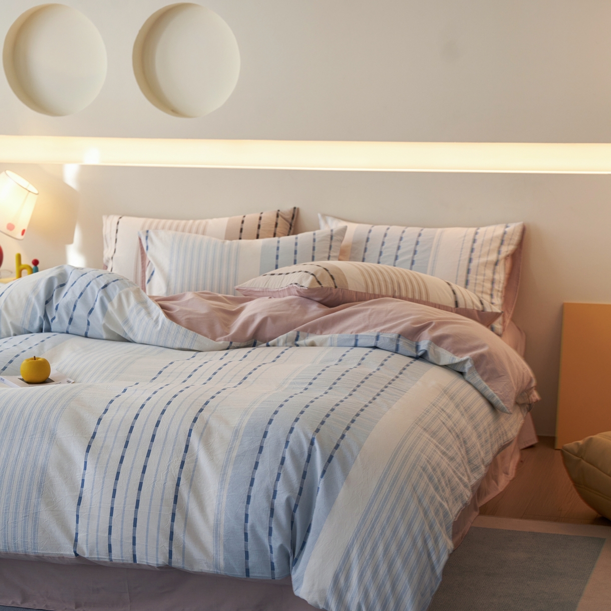 91家纺网 家纺一手货源 找家纺 安莱生活 2026年新品水洗棉全棉纯棉色织提花系列四件套 杰西卡-浅蓝