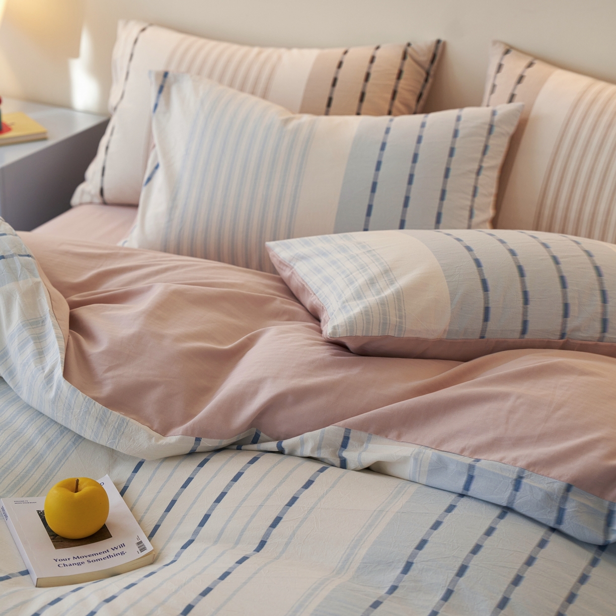 91家纺网 家纺一手货源 找家纺 安莱生活 2026年新品水洗棉全棉纯棉色织提花系列四件套 杰西卡-浅蓝