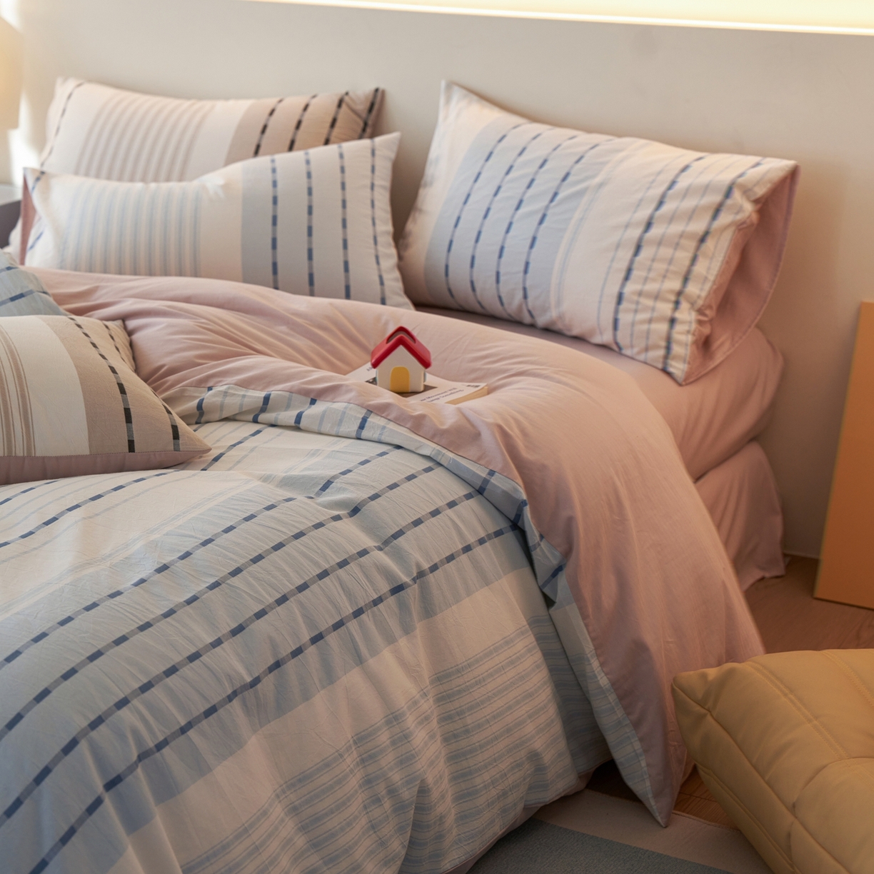 91家纺网 家纺一手货源 找家纺 安莱生活 2026年新品水洗棉全棉纯棉色织提花系列四件套 杰西卡-浅蓝