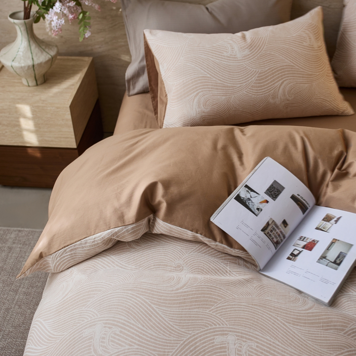 91家纺网 家纺一手货源 找家纺 安莱生活 2026年新品水洗棉全棉纯棉色织提花系列四件套 浪花-卡其