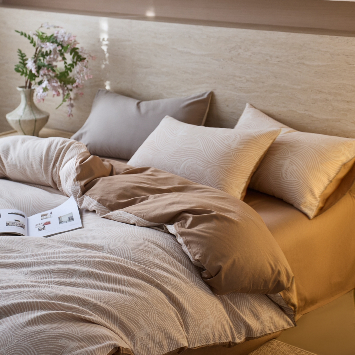 91家纺网 家纺一手货源 找家纺 安莱生活 2026年新品水洗棉全棉纯棉色织提花系列四件套 浪花-卡其