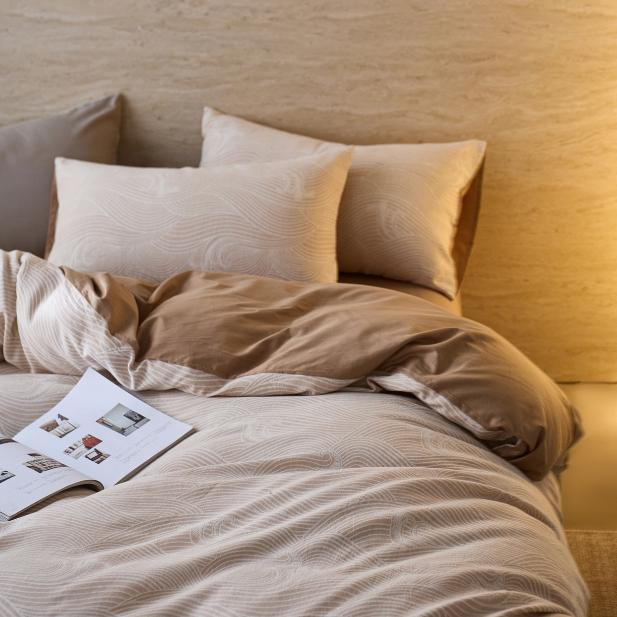 91家纺网 家纺一手货源 找家纺 安莱生活 2026年新品水洗棉全棉纯棉色织提花系列四件套 浪花-卡其