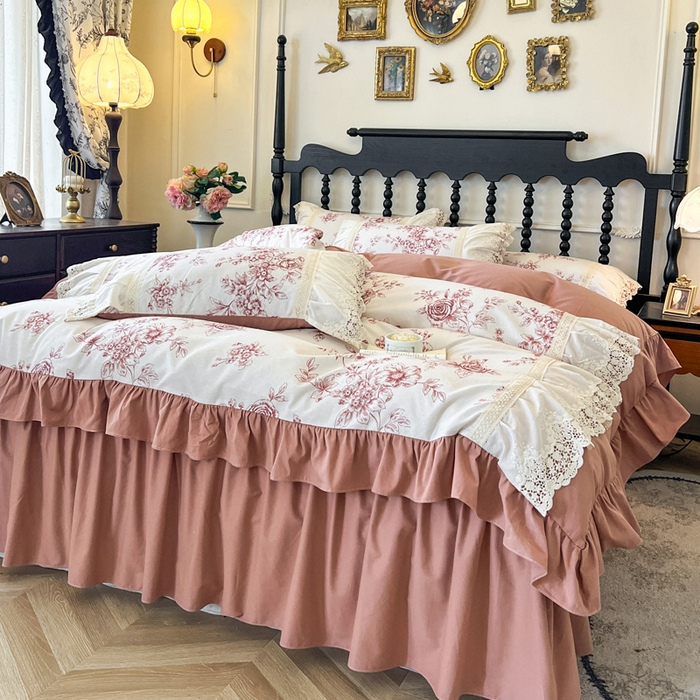 91家纺网 家纺一手货源 找家纺 （总）好儿喜家纺 2026新款纯棉磨毛法式花边床裙四件套-凝香