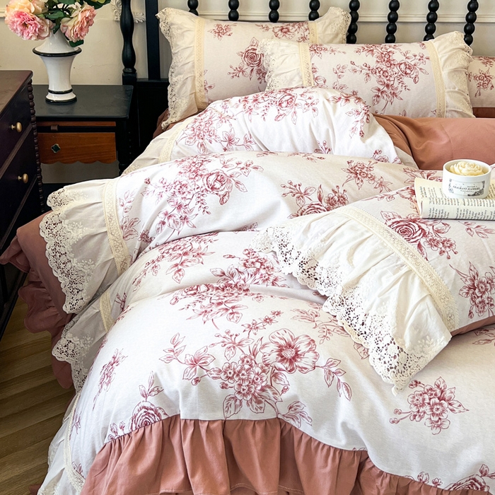 91家纺网 家纺一手货源 找家纺 （总）好儿喜家纺 2026新款纯棉磨毛法式花边床裙四件套-凝香