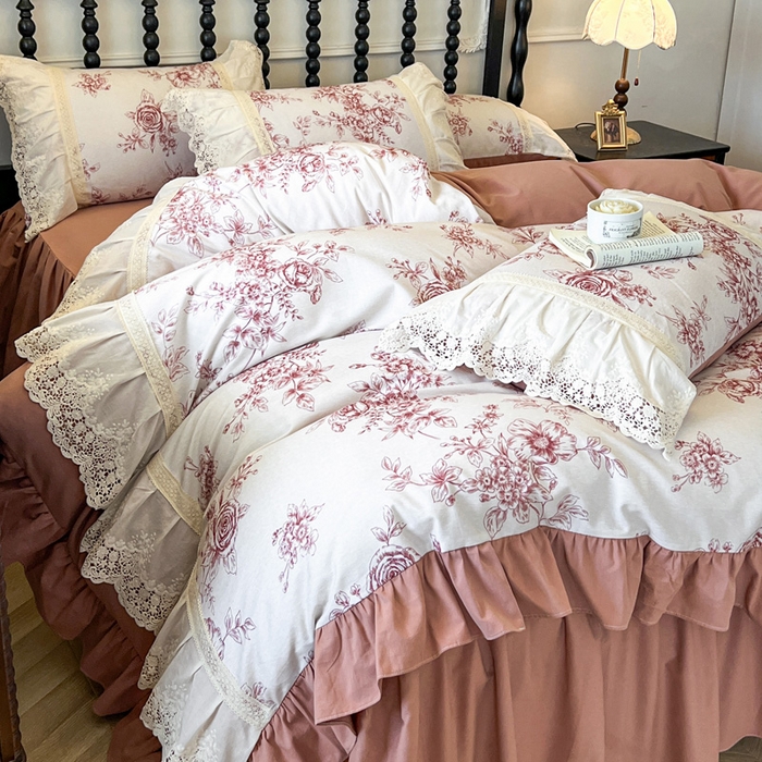 91家纺网 家纺一手货源 找家纺 （总）好儿喜家纺 2026新款纯棉磨毛法式花边床裙四件套-凝香