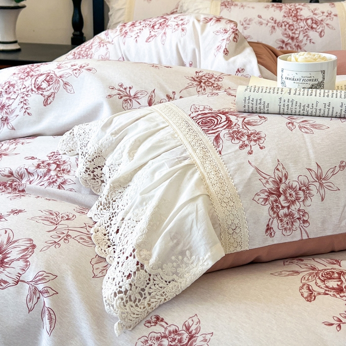 91家纺网 家纺一手货源 找家纺 （总）好儿喜家纺 2026新款纯棉磨毛法式花边床裙四件套-凝香