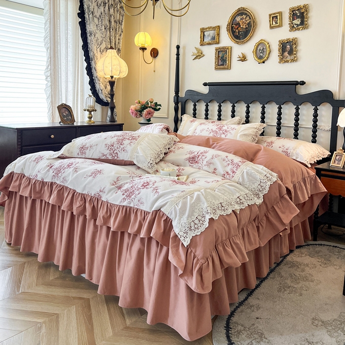 91家纺网 家纺一手货源 找家纺 （总）好儿喜家纺 2026新款纯棉磨毛法式花边床裙四件套-凝香