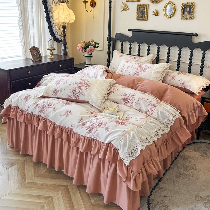 91家纺网 家纺一手货源 找家纺 （总）好儿喜家纺 2026新款纯棉磨毛法式花边床裙四件套-凝香