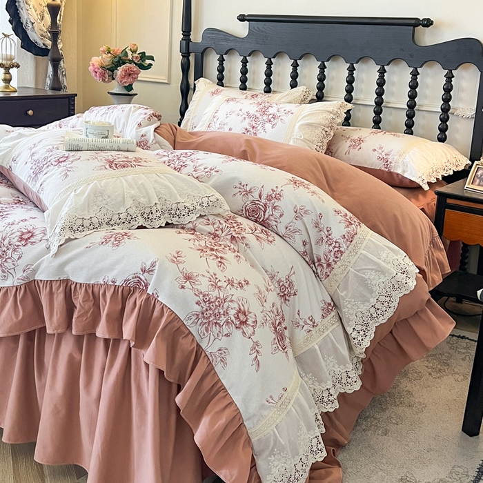 91家纺网 家纺一手货源 找家纺 （总）好儿喜家纺 2026新款纯棉磨毛法式花边床裙四件套-凝香