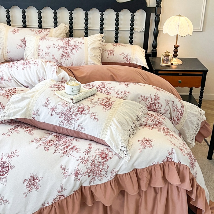 91家纺网 家纺一手货源 找家纺 （总）好儿喜家纺 2026新款纯棉磨毛法式花边床裙四件套-凝香