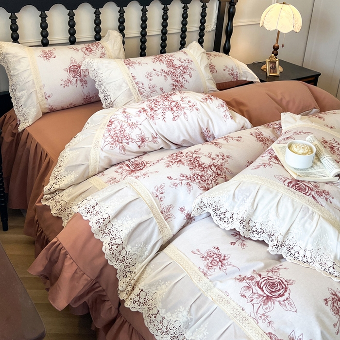 91家纺网 家纺一手货源 找家纺 （总）好儿喜家纺 2026新款纯棉磨毛法式花边床裙四件套-凝香