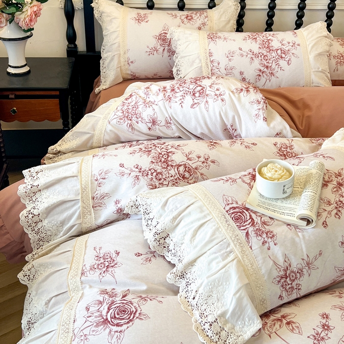 91家纺网 家纺一手货源 找家纺 （总）好儿喜家纺 2026新款纯棉磨毛法式花边床裙四件套-凝香