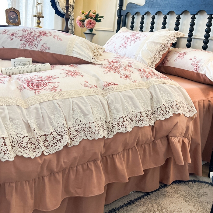 91家纺网 家纺一手货源 找家纺 （总）好儿喜家纺 2026新款纯棉磨毛法式花边床裙四件套-凝香