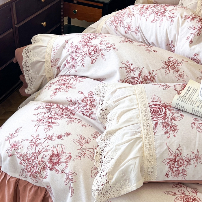 91家纺网 家纺一手货源 找家纺 （总）好儿喜家纺 2026新款纯棉磨毛法式花边床裙四件套-凝香