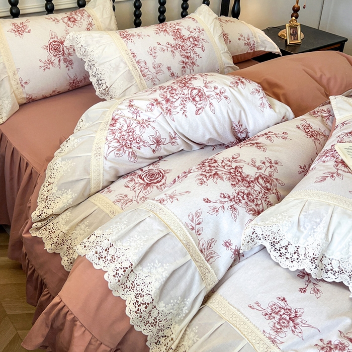 91家纺网 家纺一手货源 找家纺 （总）好儿喜家纺 2026新款纯棉磨毛法式花边床裙四件套-凝香