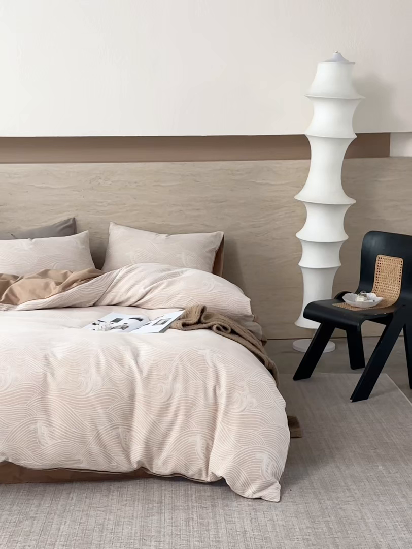 91家纺网 家纺一手货源 找家纺 安莱生活 2026年新品水洗棉全棉纯棉色织提花系列四件套 浪花-卡其