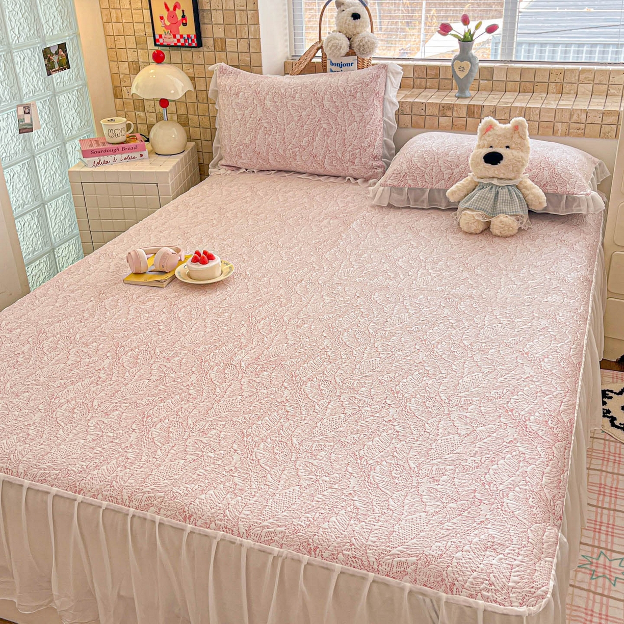 91家纺网 家纺一手货源 找家纺 川悦生活 2026新款加厚三明治底床裙款凉感席三件套 床裙夏季岛屿-粉