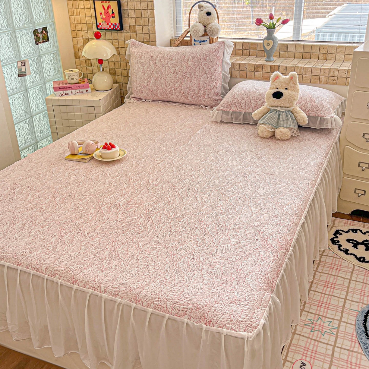 91家纺网 家纺一手货源 找家纺 川悦生活 2026新款加厚三明治底床裙款凉感席三件套 床裙夏季岛屿-粉