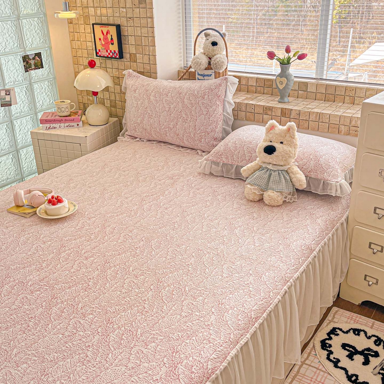 91家纺网 家纺一手货源 找家纺 川悦生活 2026新款加厚三明治底床裙款凉感席三件套 床裙夏季岛屿-粉