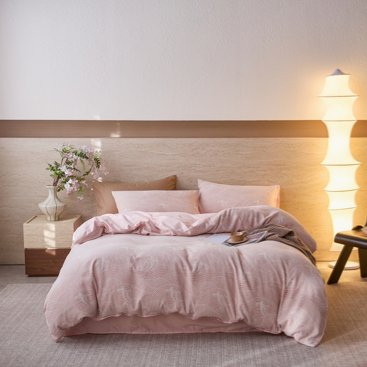 91家纺网 家纺一手货源 找家纺 安莱生活 2026年新品水洗棉全棉纯棉色织提花系列四件套 浪花-嫩粉