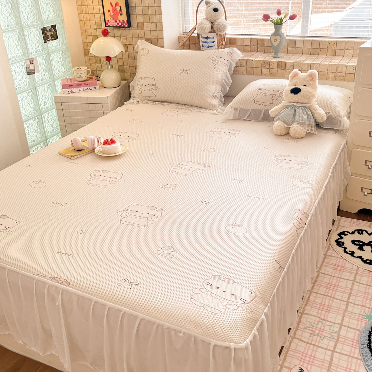 91家纺网 家纺一手货源 找家纺 川悦生活 2026新款加厚三明治底床裙款凉感席三件套 床裙星花小猫