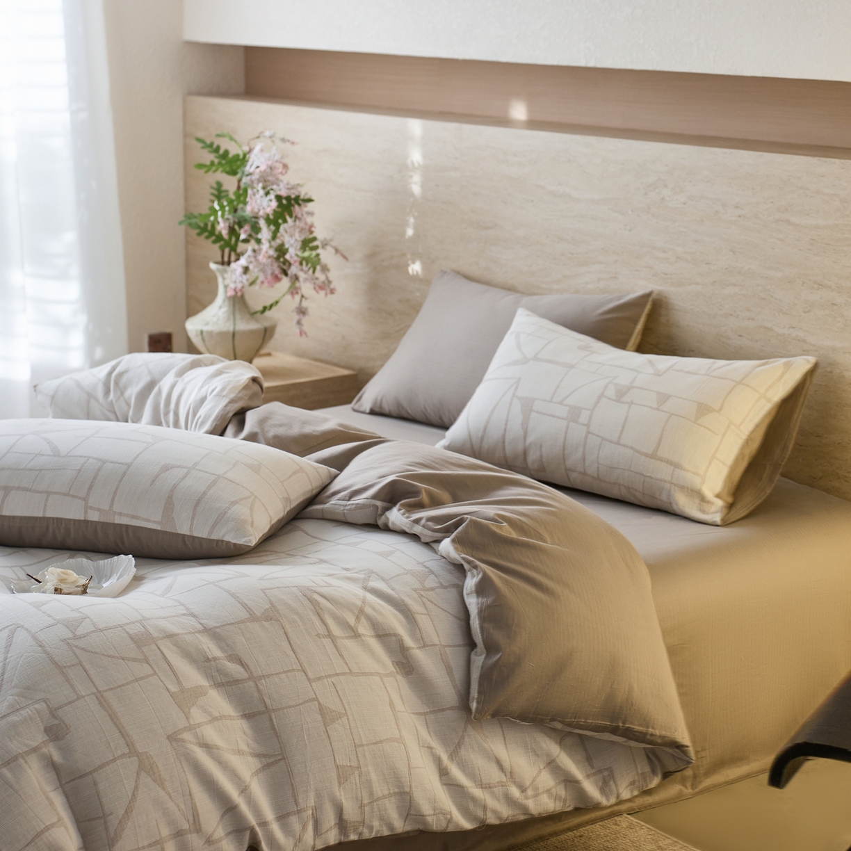 91家纺网 家纺一手货源 找家纺 安莱生活 2026年新品水洗棉全棉纯棉色织提花系列四件套 泊影-浅灰