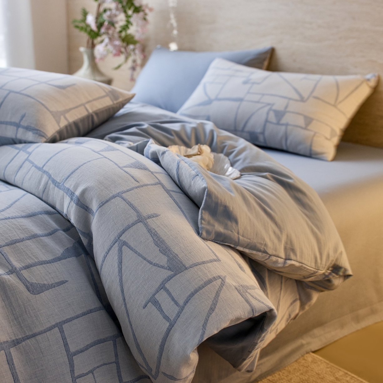 安莱生活 2026年新品水洗棉全棉纯棉色织提花系列四件套 泊影-浅蓝