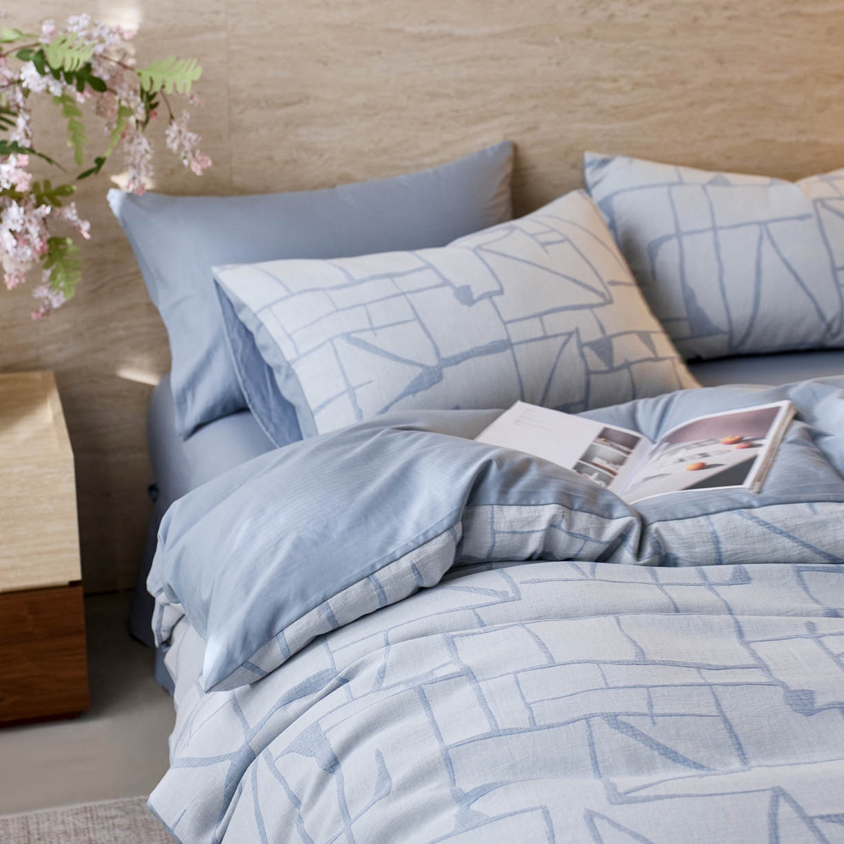 91家纺网 家纺一手货源 找家纺 安莱生活 2026年新品水洗棉全棉纯棉色织提花系列四件套 泊影-浅蓝