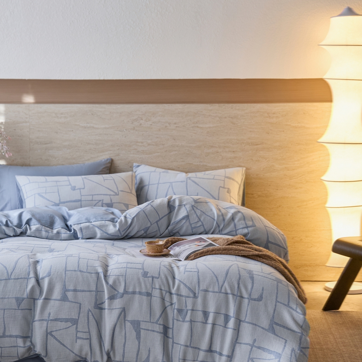 91家纺网 家纺一手货源 找家纺 安莱生活 2026年新品水洗棉全棉纯棉色织提花系列四件套 泊影-浅蓝