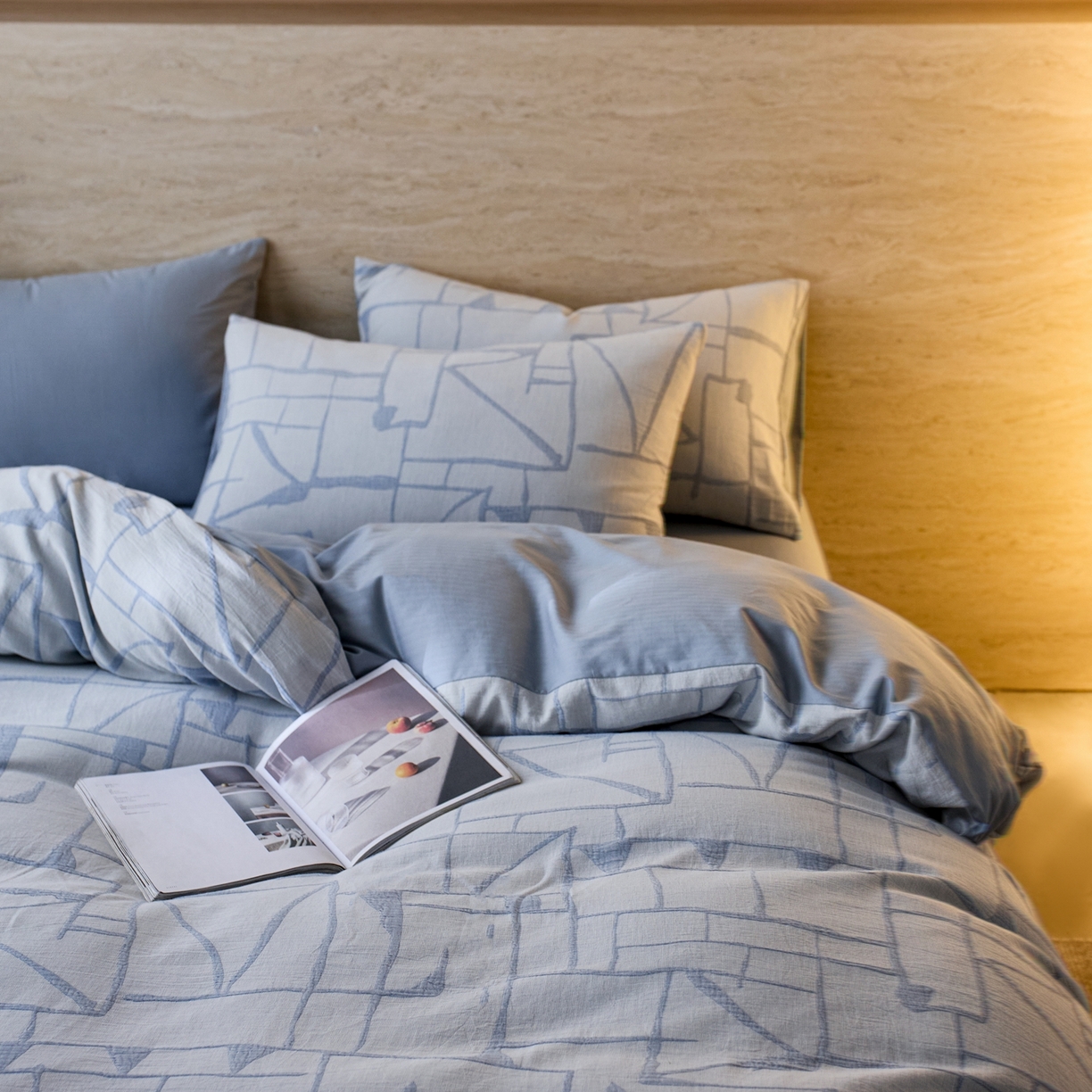 91家纺网 家纺一手货源 找家纺 安莱生活 2026年新品水洗棉全棉纯棉色织提花系列四件套 泊影-浅蓝