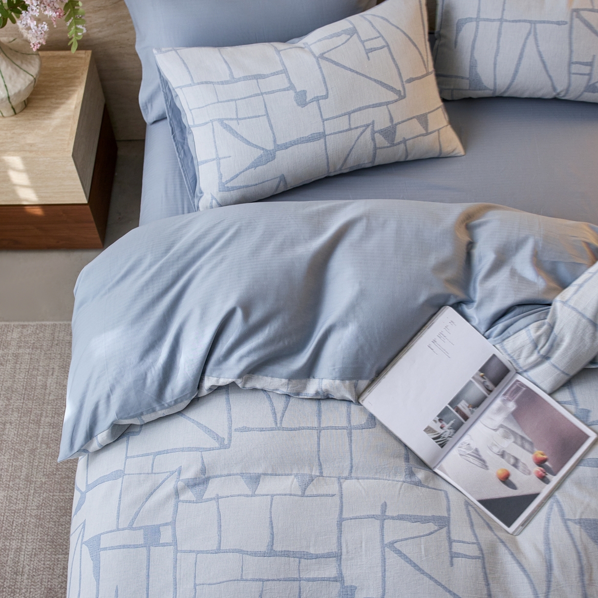 91家纺网 家纺一手货源 找家纺 安莱生活 2026年新品水洗棉全棉纯棉色织提花系列四件套 泊影-浅蓝