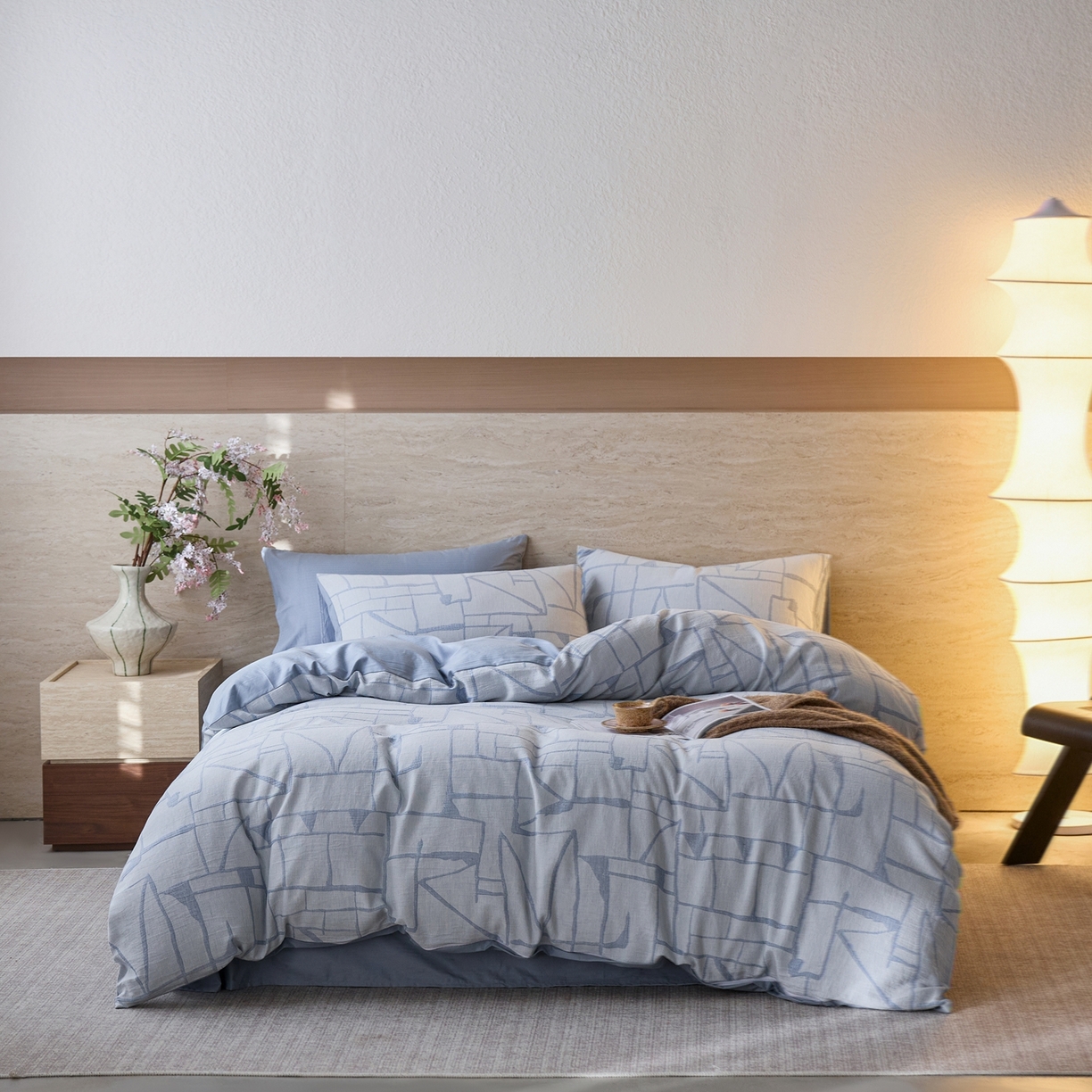 91家纺网 家纺一手货源 找家纺 安莱生活 2026年新品水洗棉全棉纯棉色织提花系列四件套 泊影-浅蓝