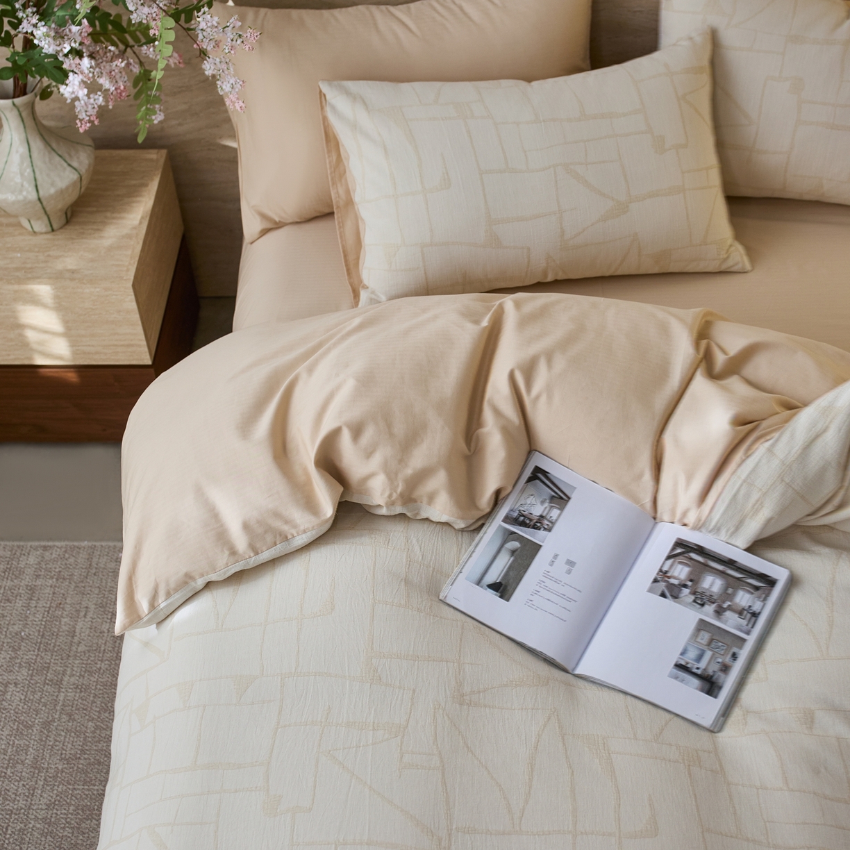 91家纺网 家纺一手货源 找家纺 安莱生活 2026年新品水洗棉全棉纯棉色织提花系列四件套 泊影-浅米