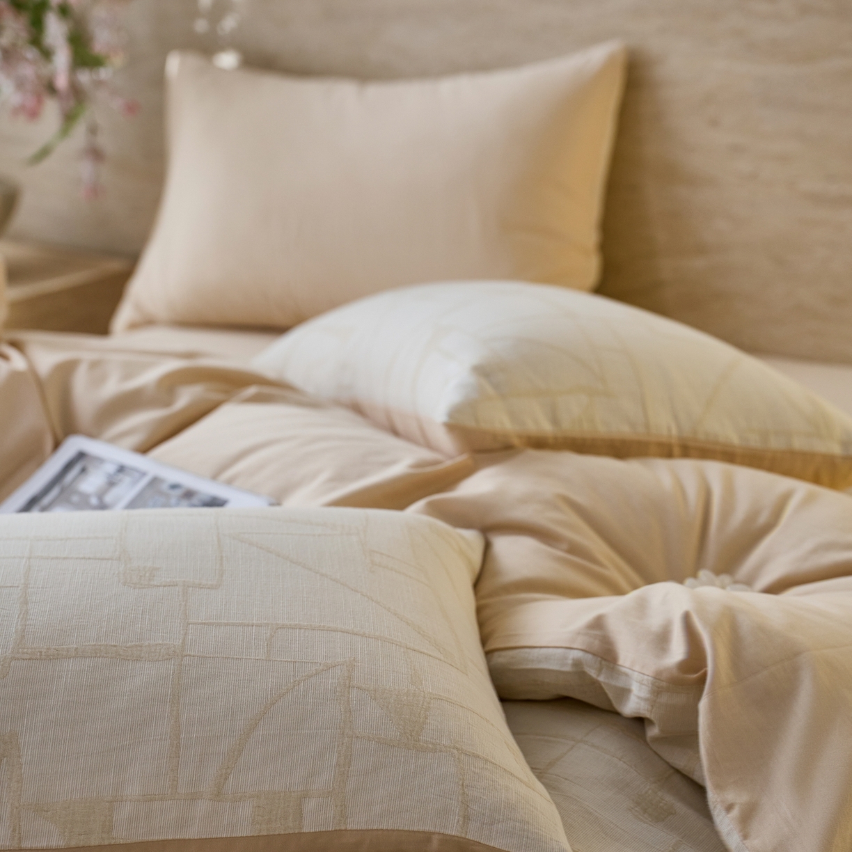 91家纺网 家纺一手货源 找家纺 安莱生活 2026年新品水洗棉全棉纯棉色织提花系列四件套 泊影-浅米