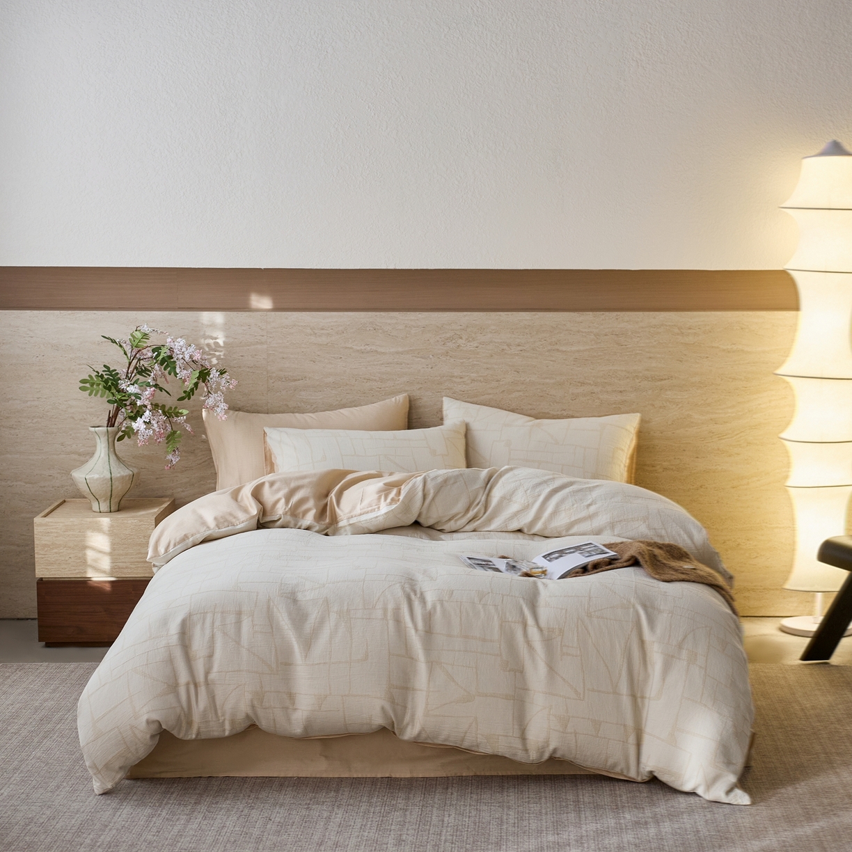 91家纺网 家纺一手货源 找家纺 安莱生活 2026年新品水洗棉全棉纯棉色织提花系列四件套 泊影-浅米