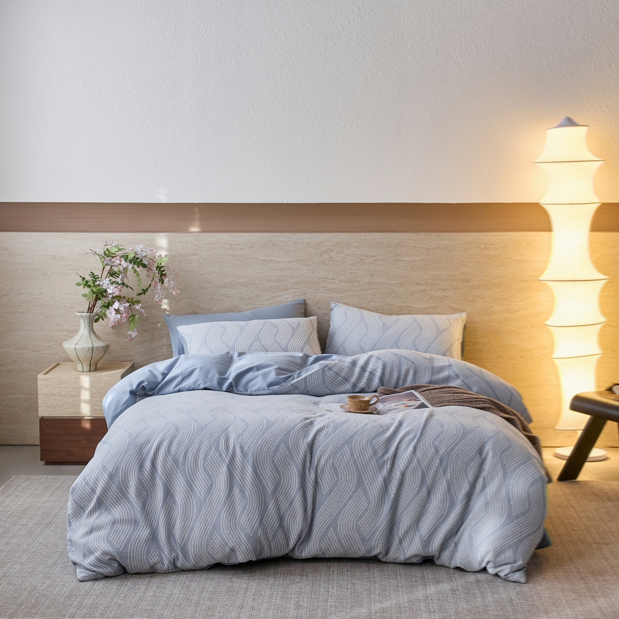 91家纺网 家纺一手货源 找家纺 安莱生活 2026年新品水洗棉全棉纯棉色织提花系列四件套 溪言-浅蓝