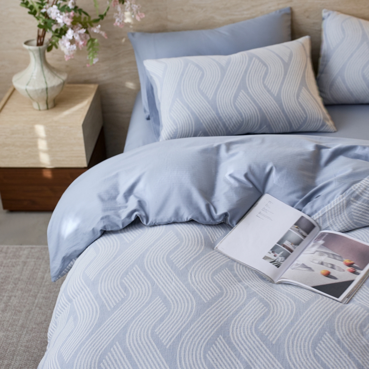 91家纺网 家纺一手货源 找家纺 安莱生活 2026年新品水洗棉全棉纯棉色织提花系列四件套 溪言-浅蓝