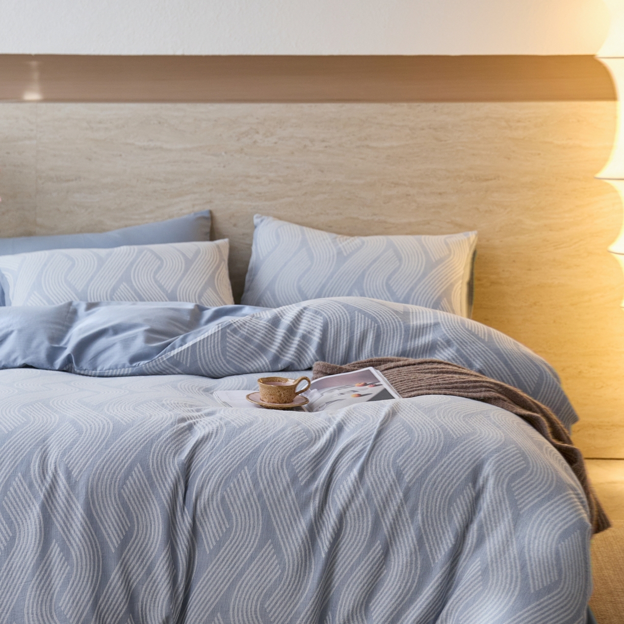 91家纺网 家纺一手货源 找家纺 安莱生活 2026年新品水洗棉全棉纯棉色织提花系列四件套 溪言-浅蓝