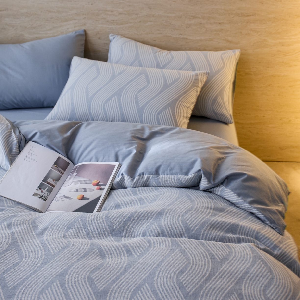 91家纺网 家纺一手货源 找家纺 安莱生活 2026年新品水洗棉全棉纯棉色织提花系列四件套 溪言-浅蓝