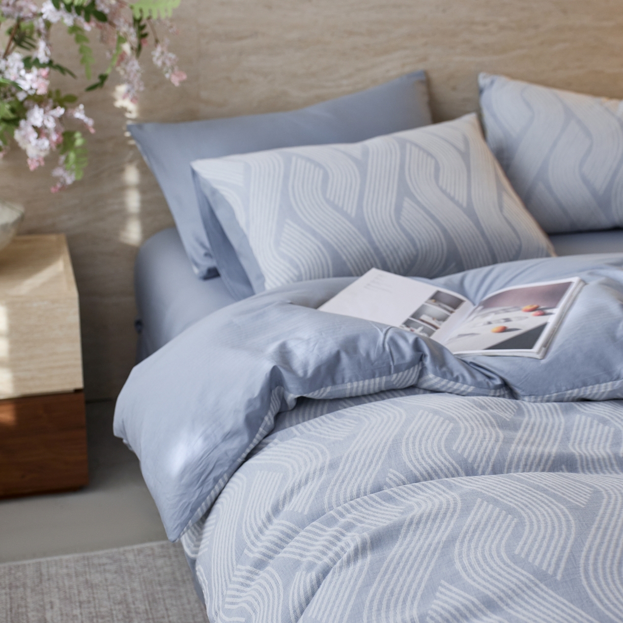 91家纺网 家纺一手货源 找家纺 安莱生活 2026年新品水洗棉全棉纯棉色织提花系列四件套 溪言-浅蓝