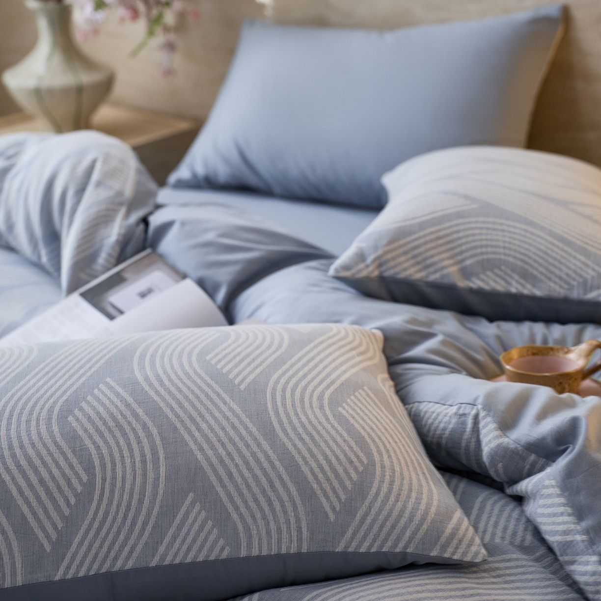 91家纺网 家纺一手货源 找家纺 安莱生活 2026年新品水洗棉全棉纯棉色织提花系列四件套 溪言-浅蓝