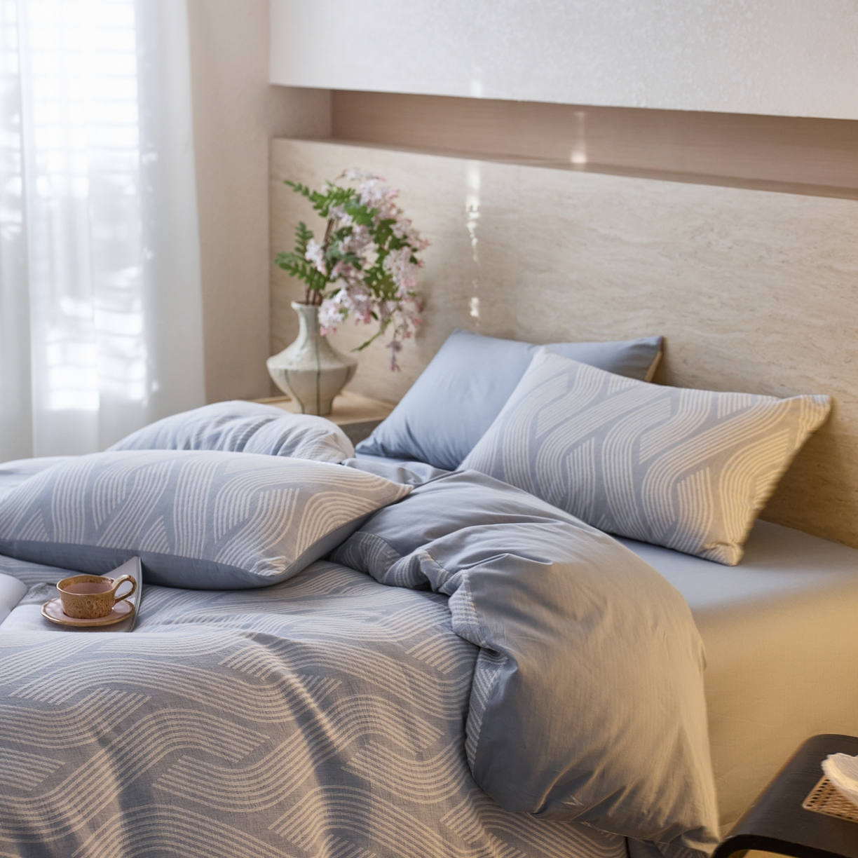 91家纺网 家纺一手货源 找家纺 安莱生活 2026年新品水洗棉全棉纯棉色织提花系列四件套 溪言-浅蓝