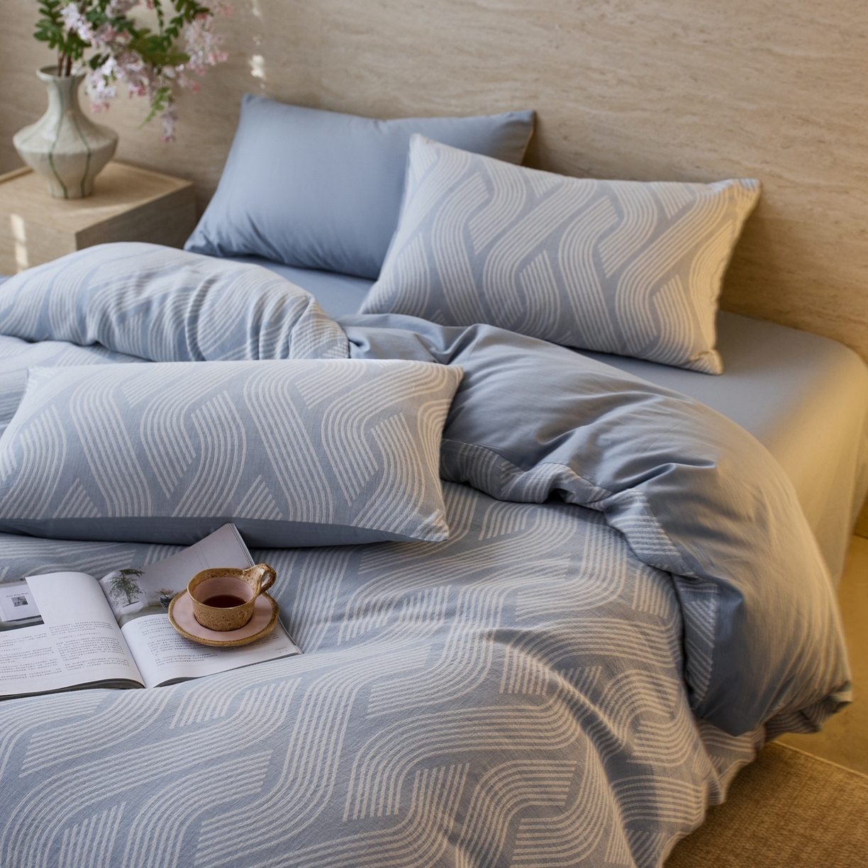 91家纺网 家纺一手货源 找家纺 安莱生活 2026年新品水洗棉全棉纯棉色织提花系列四件套 溪言-浅蓝