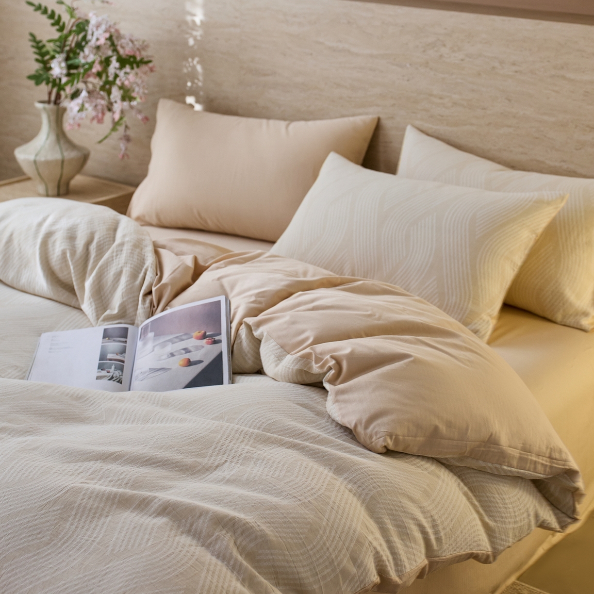 91家纺网 家纺一手货源 找家纺 安莱生活 2026年新品水洗棉全棉纯棉色织提花系列四件套 溪言-浅米