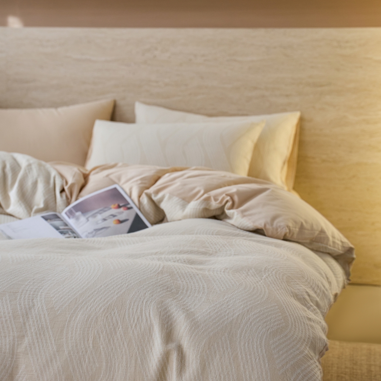 91家纺网 家纺一手货源 找家纺 安莱生活 2026年新品水洗棉全棉纯棉色织提花系列四件套 溪言-浅米