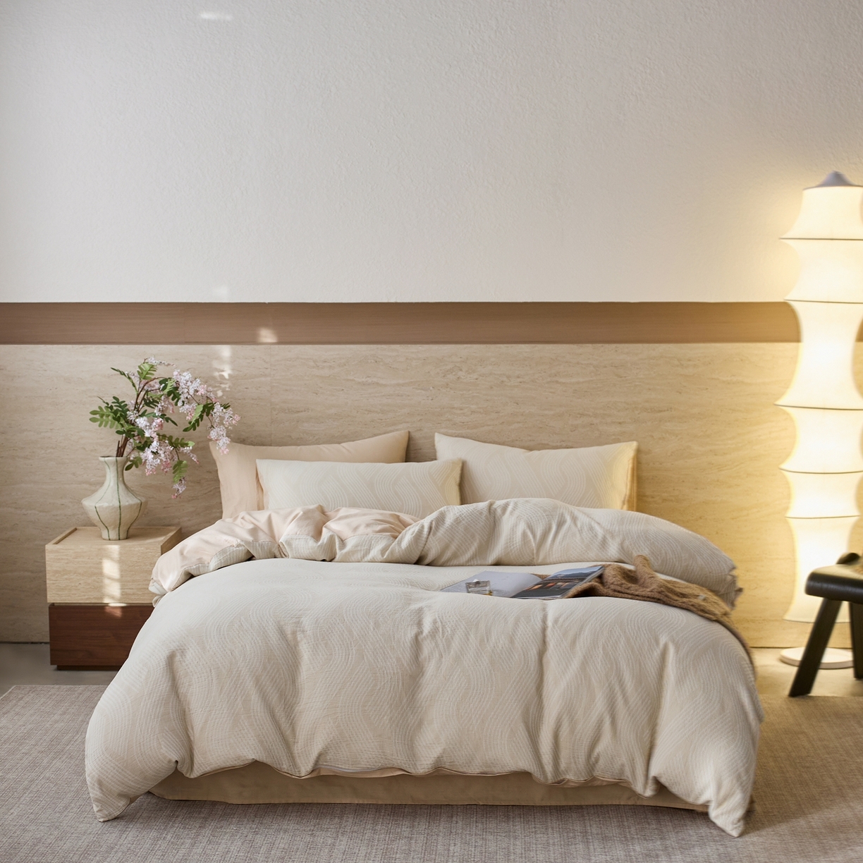 91家纺网 家纺一手货源 找家纺 安莱生活 2026年新品水洗棉全棉纯棉色织提花系列四件套 溪言-浅米