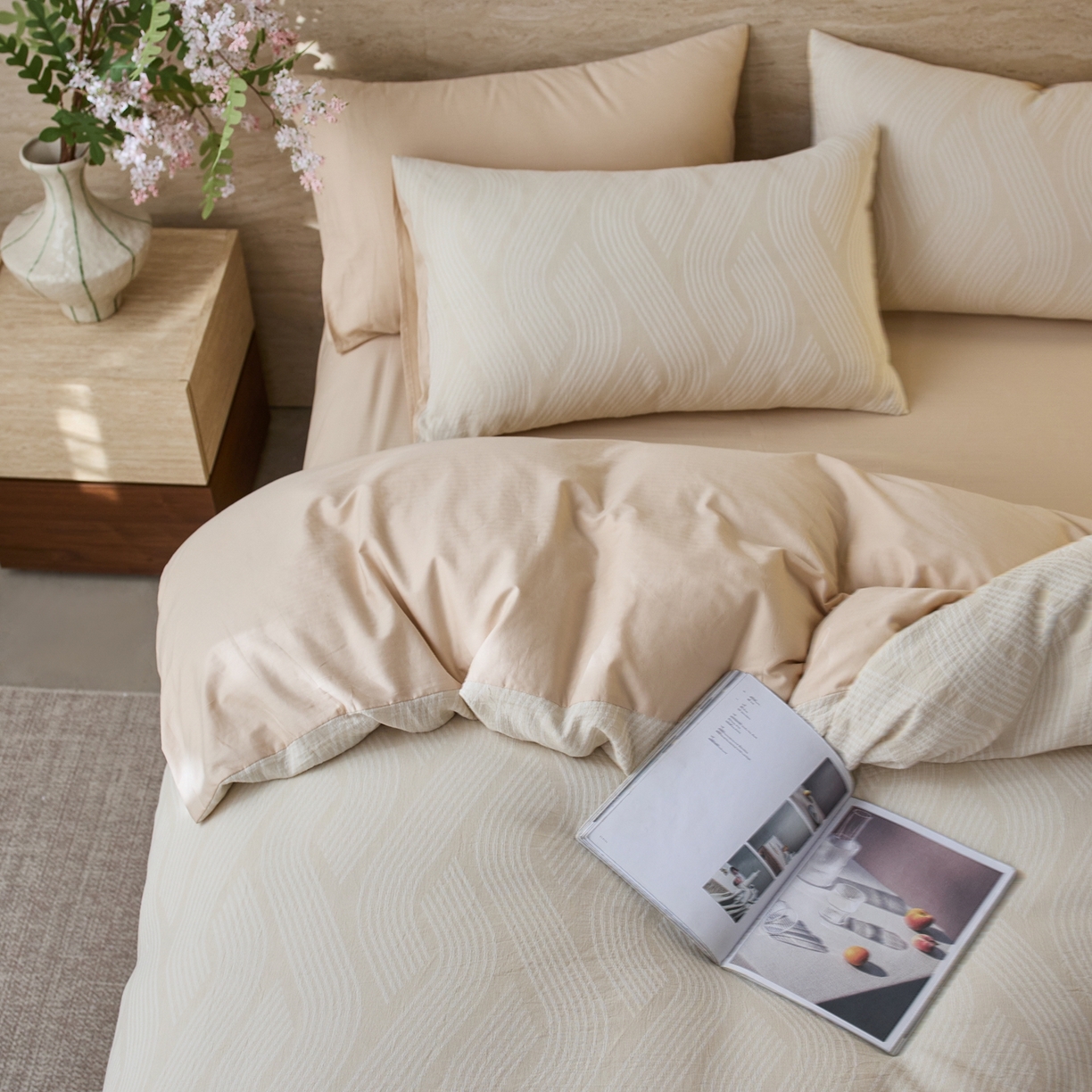 91家纺网 家纺一手货源 找家纺 安莱生活 2026年新品水洗棉全棉纯棉色织提花系列四件套 溪言-浅米