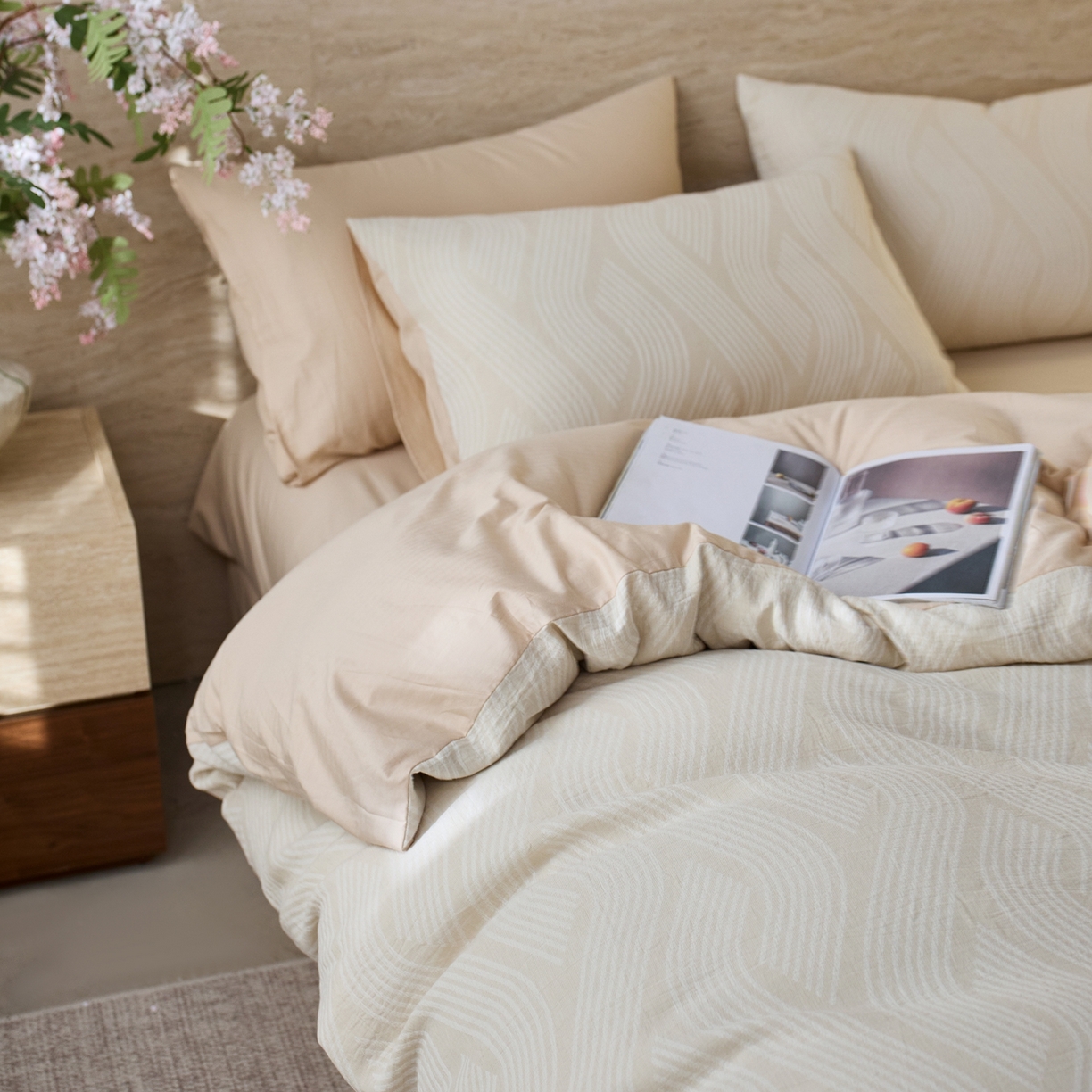 91家纺网 家纺一手货源 找家纺 安莱生活 2026年新品水洗棉全棉纯棉色织提花系列四件套 溪言-浅米