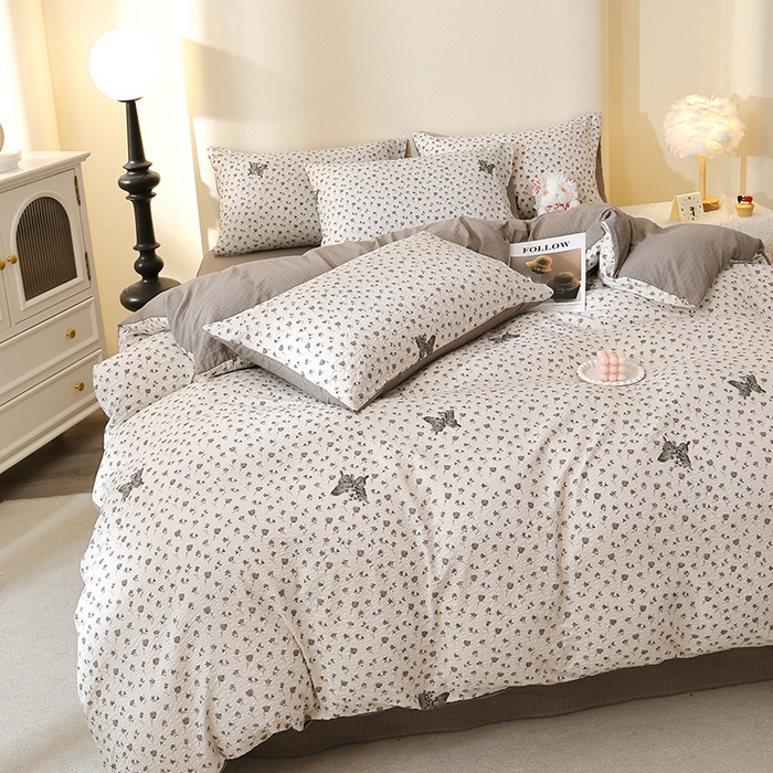 91家纺网 家纺一手货源 找家纺 北部居 2026新款柔软泡芙纱高克重印花四件套 玉笛花语